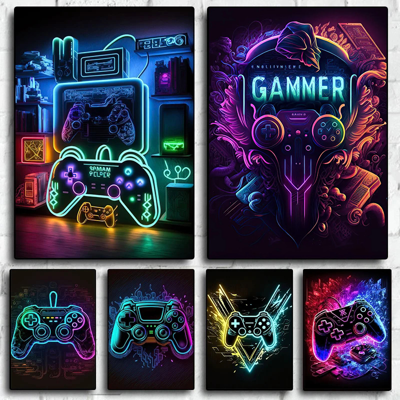 Esports Gaming Houses - โปสเตอร์ตกแต่งผนังเกมมิ่งสไตล์นีออนป๊อปสุดเท่ห์ โปสเตอร์และภาพพิมพ์คอนโทรลเลอร์เกมเมอร์สีสันสดใสสำหรับตกแต่งห้องอีสปอร์ต ของขวัญ (ไม่มีไฟ)