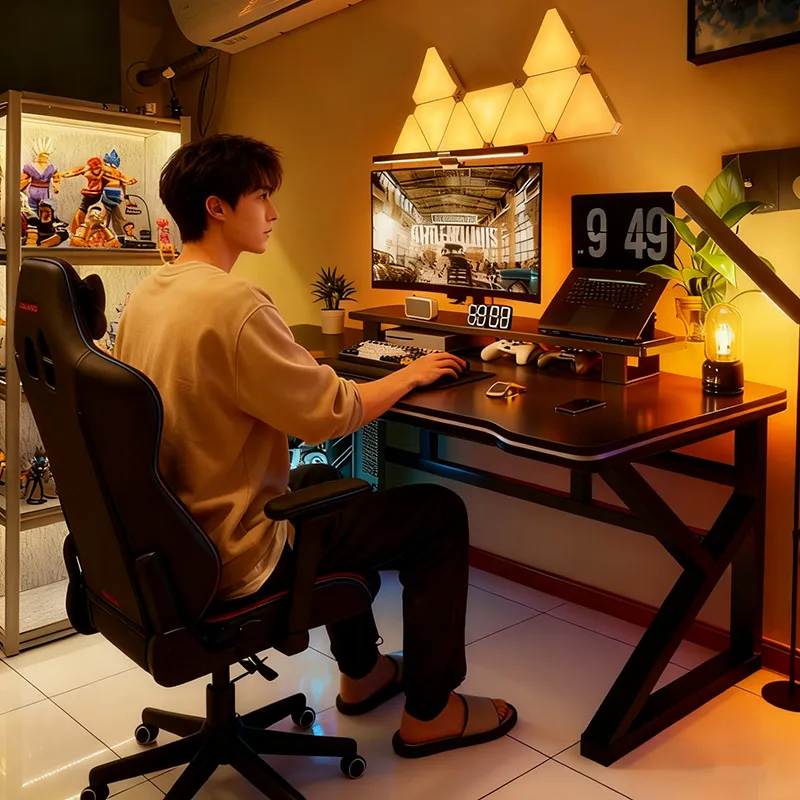 Esports Gaming Houses - โต๊ะคอมพิวเตอร์สไตล์อีสปอร์ตสีดำสำหรับเล่นเกม เหมาะสำหรับห้องนอน โฮมออฟฟิศ โต๊ะทำงาน เฟอร์นิเจอร์สำหรับบ้านเช่า